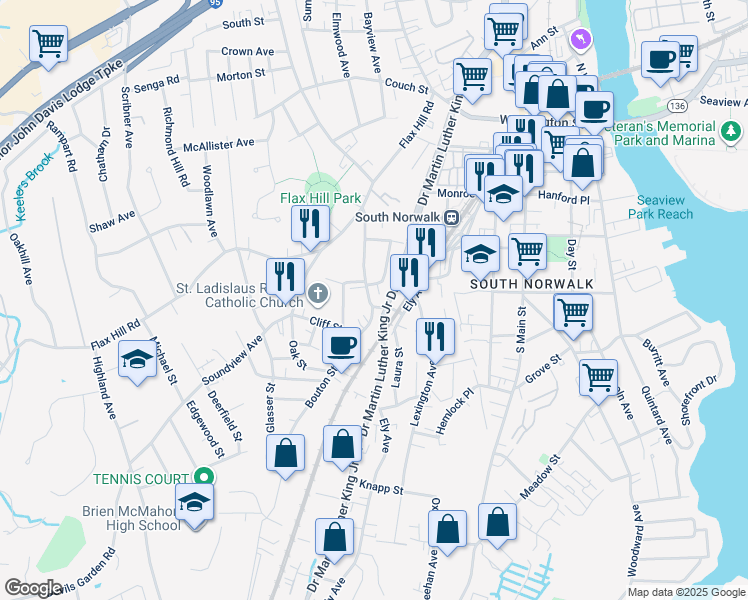 map of restaurants, bars, coffee shops, grocery stores, and more near 58 Lowe Street in Norwalk
