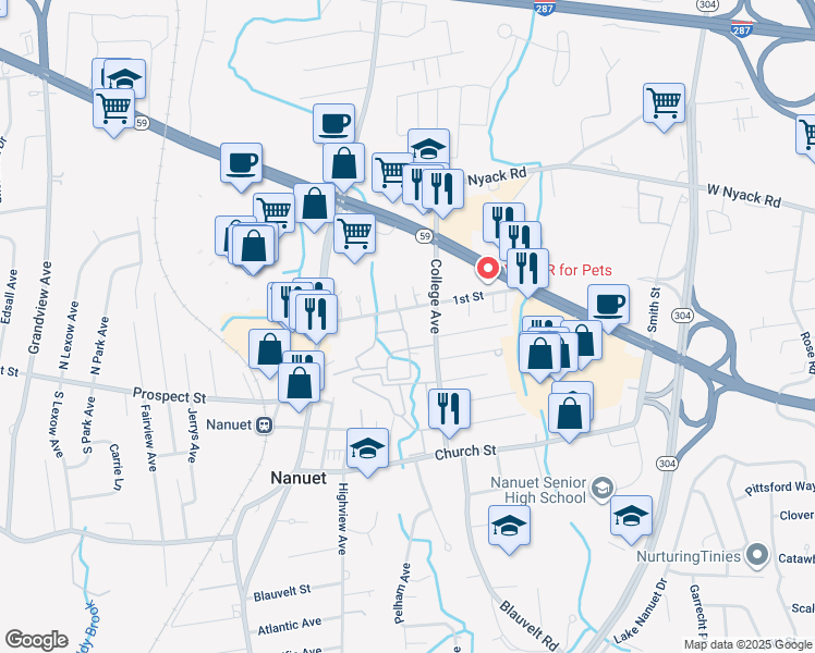 map of restaurants, bars, coffee shops, grocery stores, and more near 364 Normandy Village in Nanuet