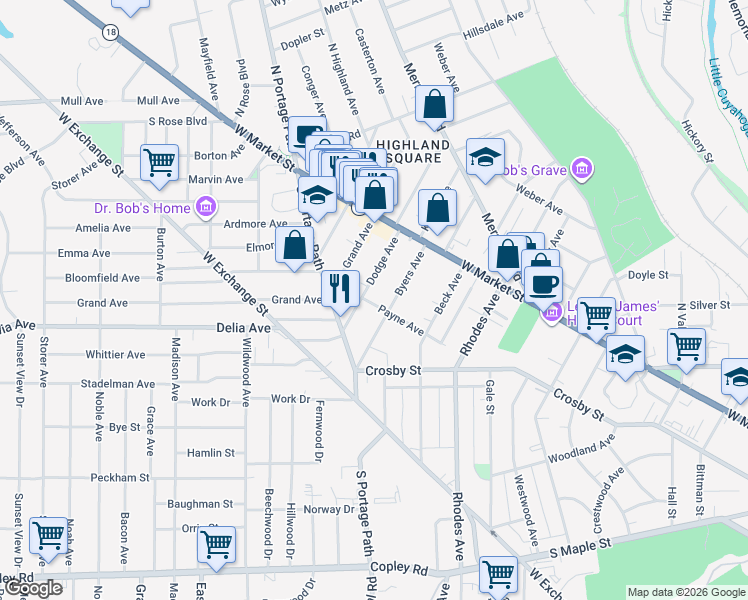 map of restaurants, bars, coffee shops, grocery stores, and more near 99 Byers Avenue in Akron