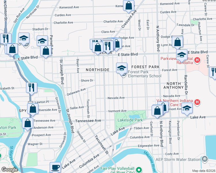 map of restaurants, bars, coffee shops, grocery stores, and more near 1820 Crescent Avenue in Fort Wayne