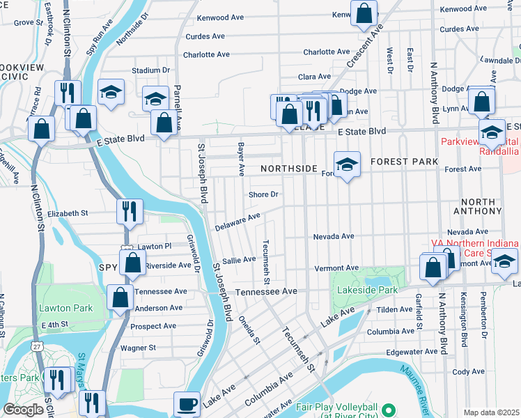 map of restaurants, bars, coffee shops, grocery stores, and more near 1817 Tecumseh Street in Fort Wayne