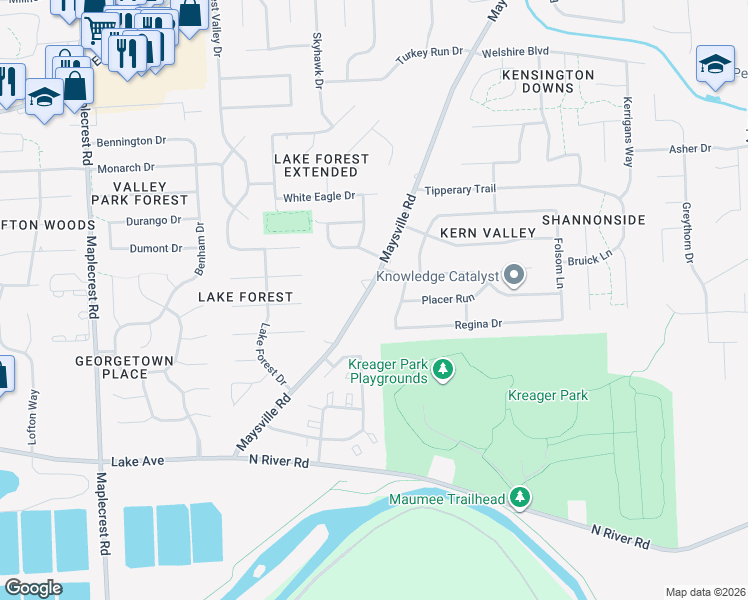map of restaurants, bars, coffee shops, grocery stores, and more near 1523 Echo Lane in Fort Wayne