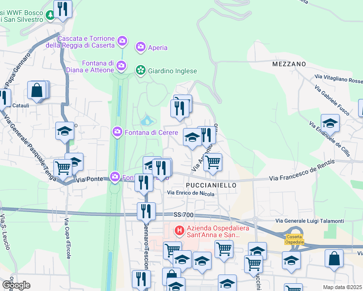 map of restaurants, bars, coffee shops, grocery stores, and more near 45/A Via dei Giardini in Caserta
