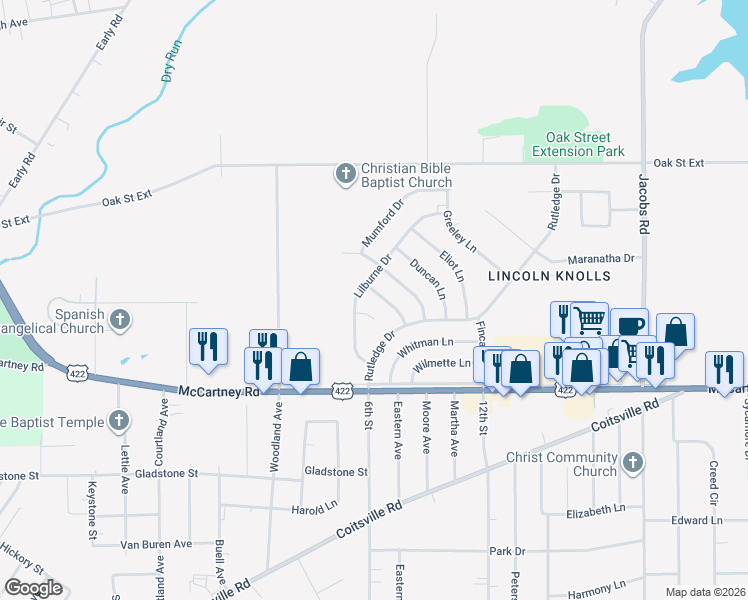 map of restaurants, bars, coffee shops, grocery stores, and more near 58 Rutledge Drive in Youngstown