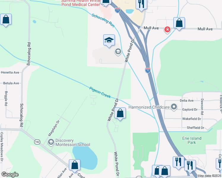 map of restaurants, bars, coffee shops, grocery stores, and more near 838-898 White Pond Drive in Akron