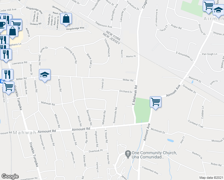 map of restaurants, bars, coffee shops, grocery stores, and more near 255 Orchard Drive in Mahwah