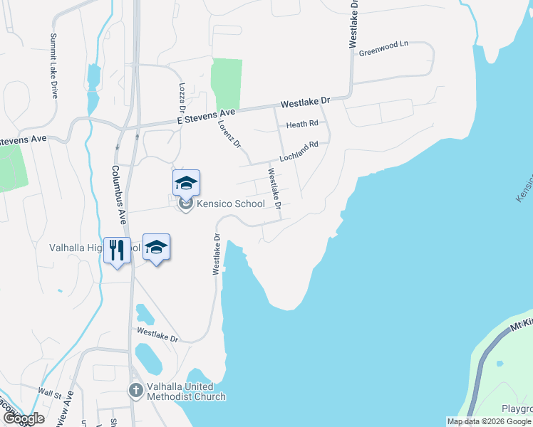 map of restaurants, bars, coffee shops, grocery stores, and more near 33 Westlake Drive in Valhalla