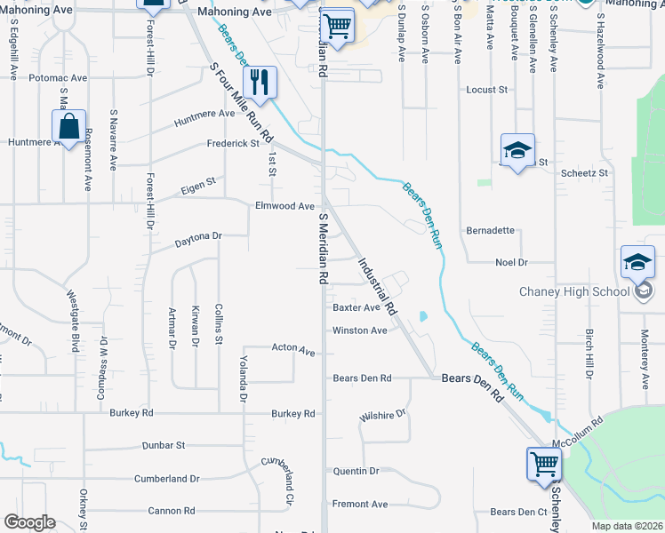 map of restaurants, bars, coffee shops, grocery stores, and more near 661 South Meridian Road in Youngstown
