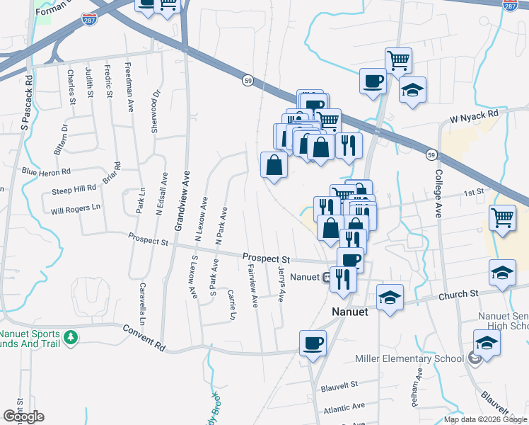 map of restaurants, bars, coffee shops, grocery stores, and more near 15 North Fremont Avenue in Nanuet