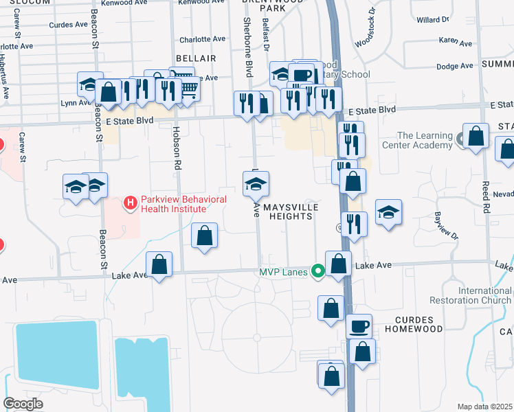 map of restaurants, bars, coffee shops, grocery stores, and more near 1800 Laverne Avenue in Fort Wayne