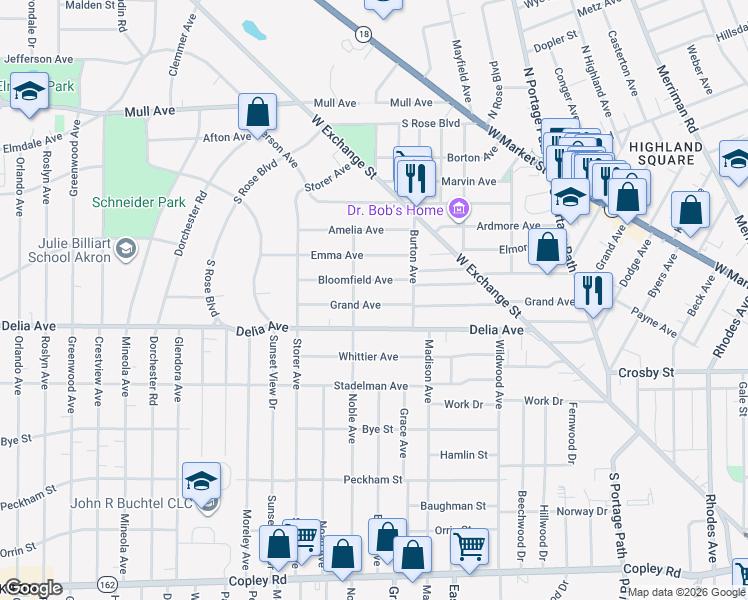 map of restaurants, bars, coffee shops, grocery stores, and more near 350 Grand Avenue in Akron