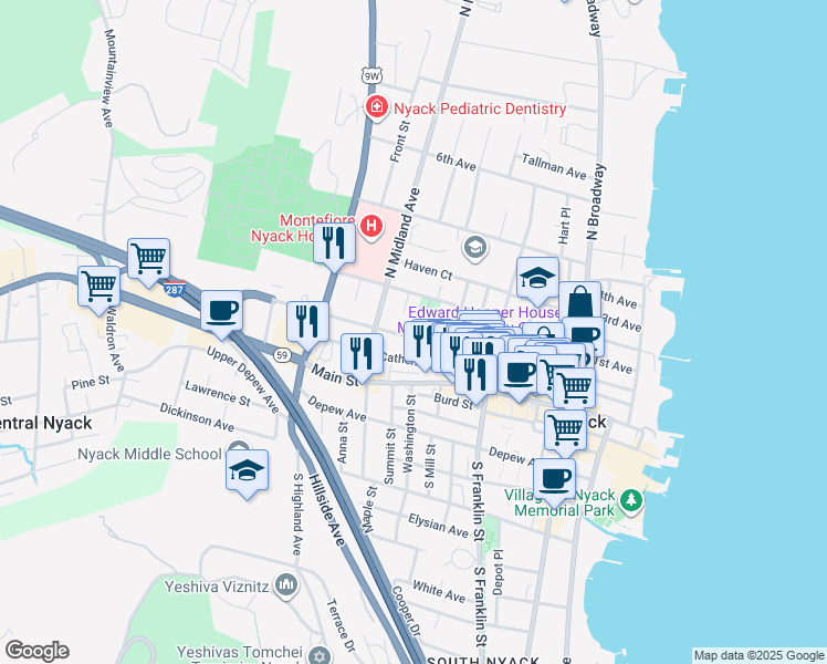 map of restaurants, bars, coffee shops, grocery stores, and more near 24 Aldine Park in Nyack