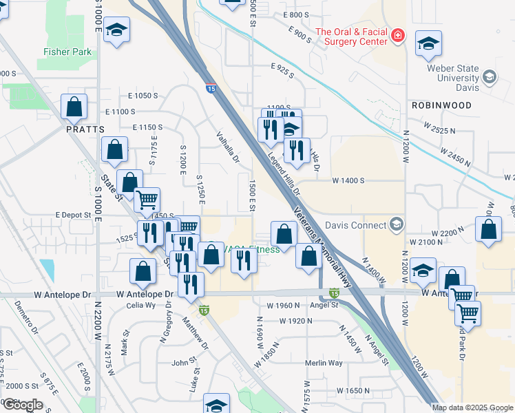 map of restaurants, bars, coffee shops, grocery stores, and more near 1425 South 1500 East in Clearfield
