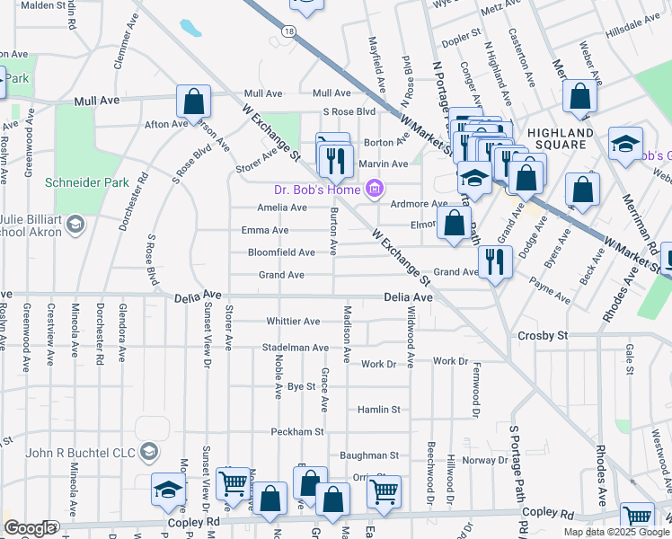map of restaurants, bars, coffee shops, grocery stores, and more near 284 Gordon Drive in Akron