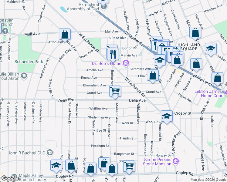 map of restaurants, bars, coffee shops, grocery stores, and more near 179 Burton Avenue in Akron