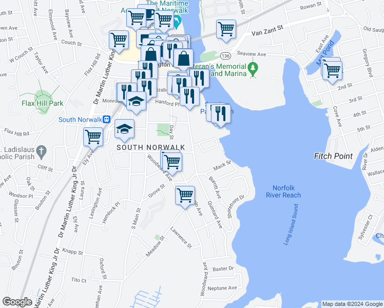 map of restaurants, bars, coffee shops, grocery stores, and more near in Norwalk