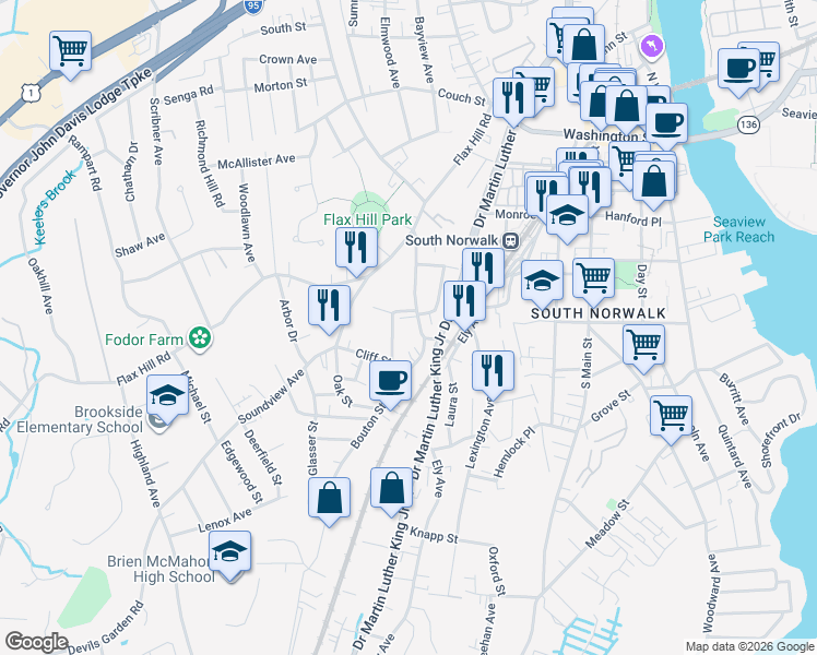 map of restaurants, bars, coffee shops, grocery stores, and more near 32 Paradiso Street in Norwalk
