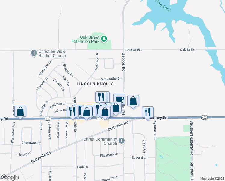 map of restaurants, bars, coffee shops, grocery stores, and more near 114 Gluck Street in Youngstown