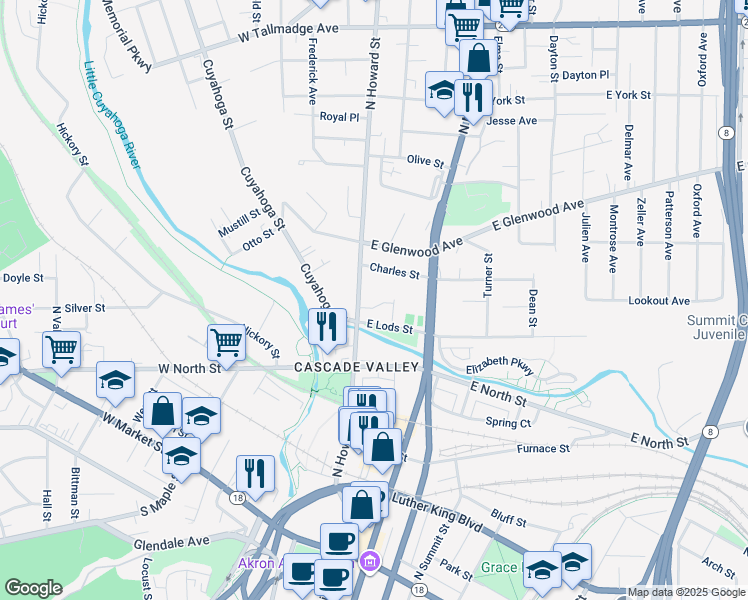 map of restaurants, bars, coffee shops, grocery stores, and more near 325 North Howard Street in Akron