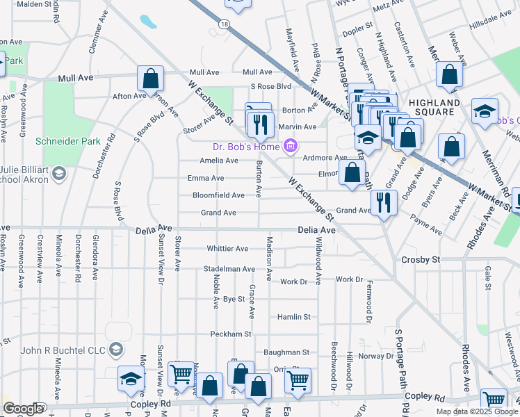 map of restaurants, bars, coffee shops, grocery stores, and more near 284 Gordon Drive in Akron