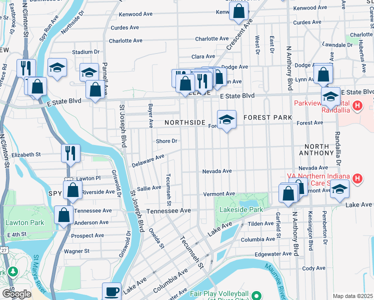 map of restaurants, bars, coffee shops, grocery stores, and more near 2005 Kentucky Avenue in Fort Wayne