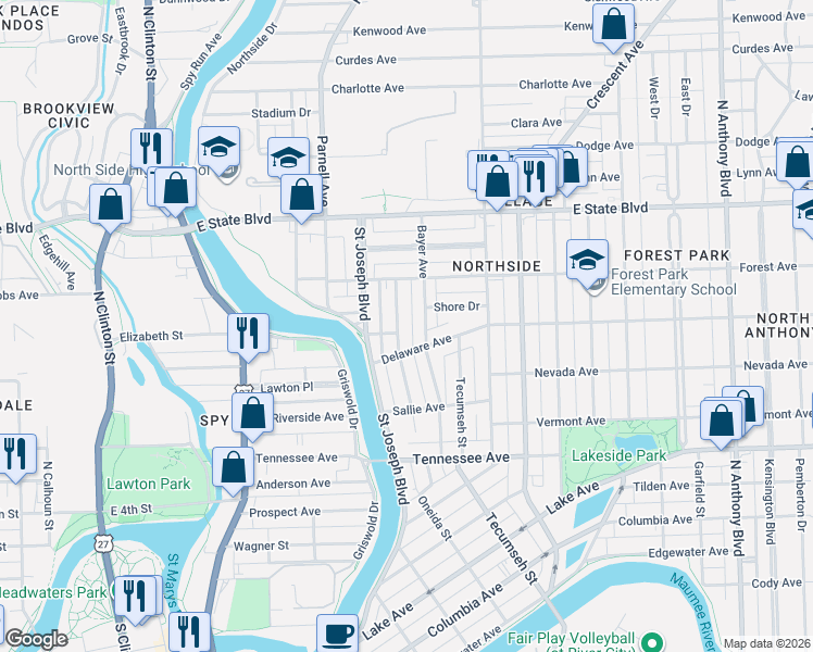 map of restaurants, bars, coffee shops, grocery stores, and more near 2002 Hillside Avenue in Fort Wayne