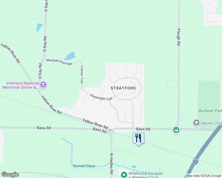 map of restaurants, bars, coffee shops, grocery stores, and more near 2108 Henry V Crossing in Fort Wayne