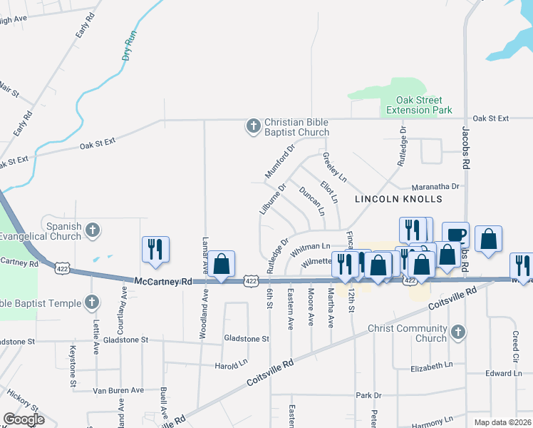map of restaurants, bars, coffee shops, grocery stores, and more near 128 Lilburne Drive in Youngstown