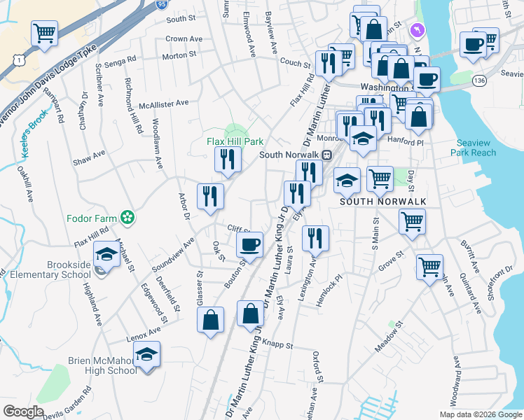 map of restaurants, bars, coffee shops, grocery stores, and more near 32 Paradiso Street in Norwalk