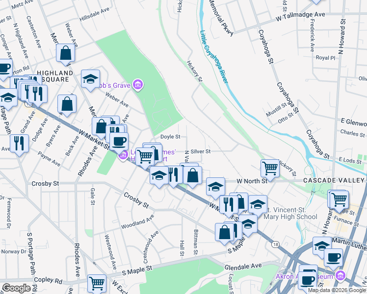 map of restaurants, bars, coffee shops, grocery stores, and more near 371 Doyle Street in Akron