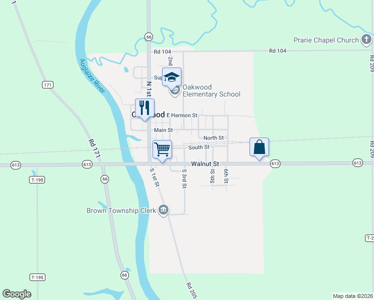 map of restaurants, bars, coffee shops, grocery stores, and more near 104 North 4th Street in Oakwood