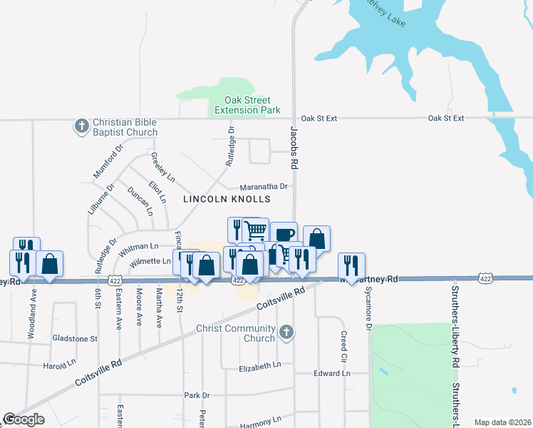 map of restaurants, bars, coffee shops, grocery stores, and more near 114 Gluck Street in Youngstown