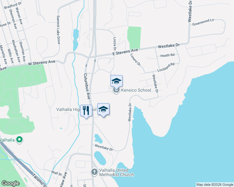 map of restaurants, bars, coffee shops, grocery stores, and more near 320 Columbus Avenue in Valhalla
