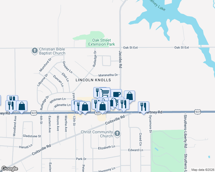 map of restaurants, bars, coffee shops, grocery stores, and more near 114 Gluck Street in Youngstown
