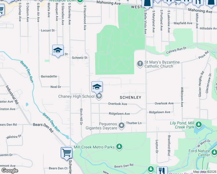 map of restaurants, bars, coffee shops, grocery stores, and more near 2447 Chaney Circle in Youngstown