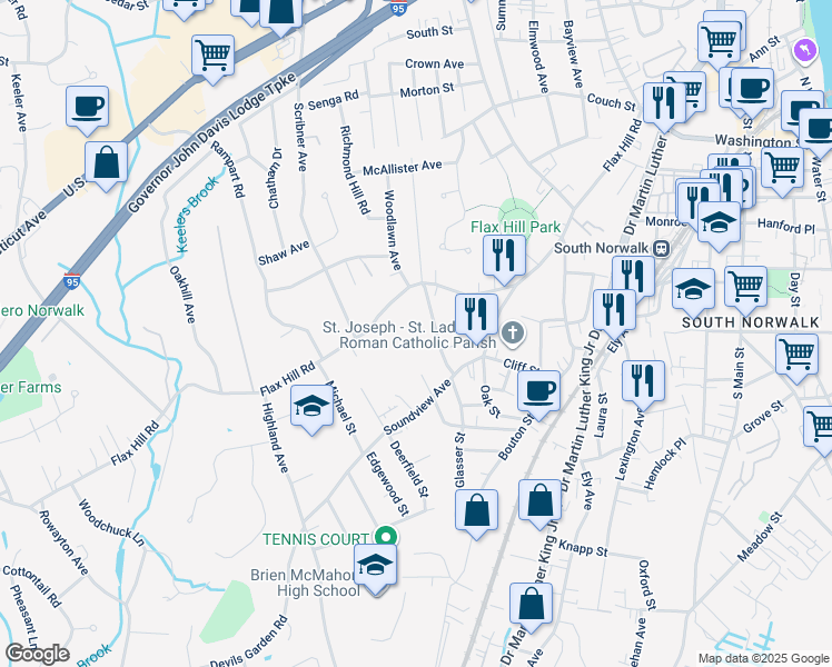 map of restaurants, bars, coffee shops, grocery stores, and more near 6a Arbor Drive in Norwalk