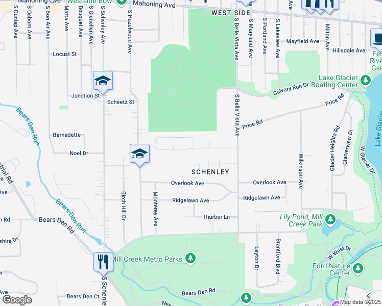 map of restaurants, bars, coffee shops, grocery stores, and more near 2206 Chaney Circle in Youngstown