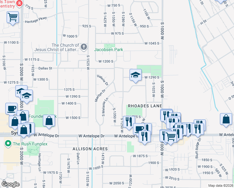 map of restaurants, bars, coffee shops, grocery stores, and more near 1321 South Melanie Lane in Syracuse