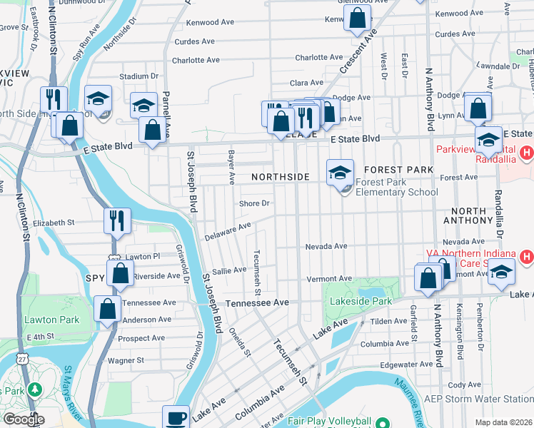 map of restaurants, bars, coffee shops, grocery stores, and more near 1057 Delaware Avenue in Fort Wayne