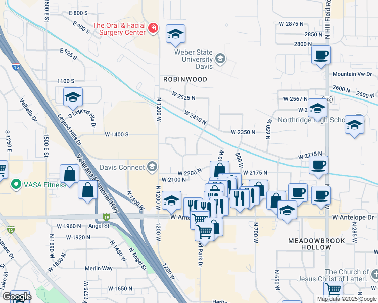 map of restaurants, bars, coffee shops, grocery stores, and more near 1089 West 2325 North in Layton