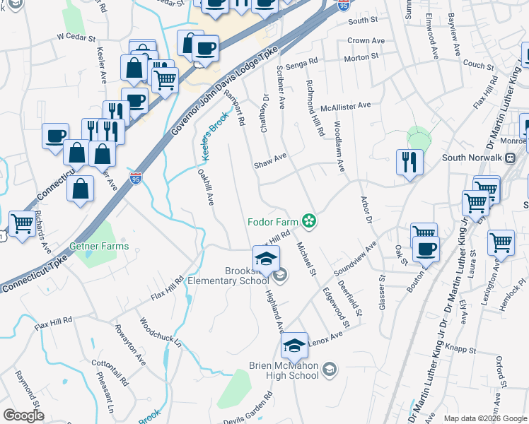 map of restaurants, bars, coffee shops, grocery stores, and more near 18 Rampart Road in Norwalk