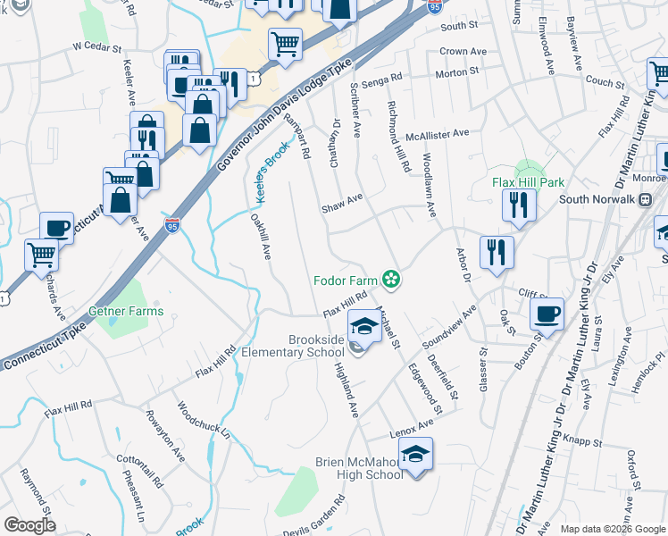 map of restaurants, bars, coffee shops, grocery stores, and more near 18 Rampart Road in Norwalk