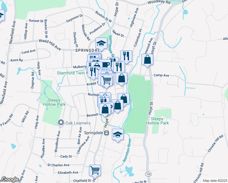 map of restaurants, bars, coffee shops, grocery stores, and more near 1 Hyde Street in Stamford