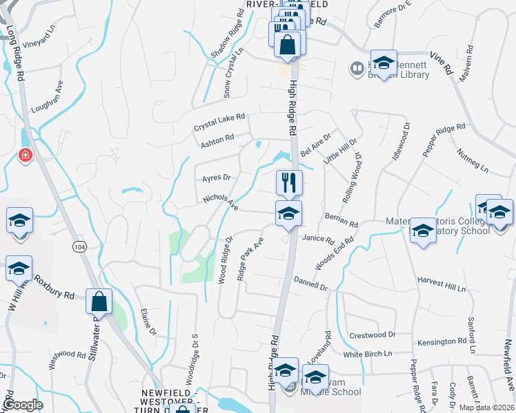 map of restaurants, bars, coffee shops, grocery stores, and more near 40 Emma Road in Stamford