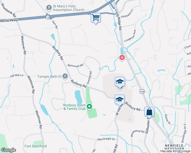 map of restaurants, bars, coffee shops, grocery stores, and more near 57 Overhill Road in Stamford