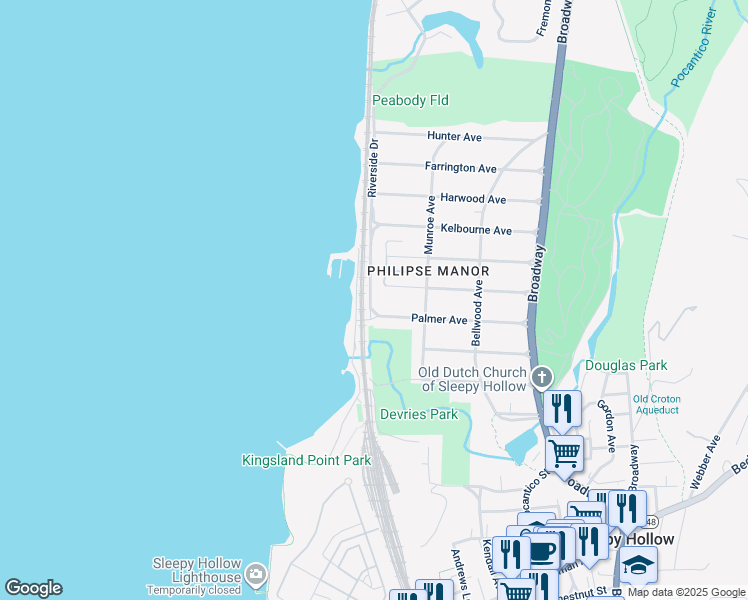 map of restaurants, bars, coffee shops, grocery stores, and more near 255 Highland Avenue in Sleepy Hollow