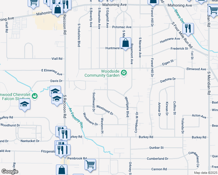 map of restaurants, bars, coffee shops, grocery stores, and more near 363 South Edgehill Avenue in Youngstown