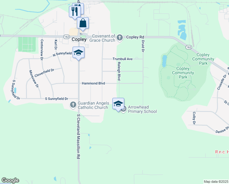map of restaurants, bars, coffee shops, grocery stores, and more near 1517 Raleigh Boulevard in Akron