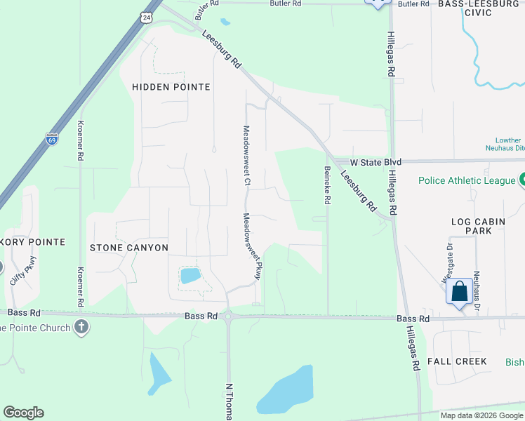 map of restaurants, bars, coffee shops, grocery stores, and more near 2200-2308 Meadowsweet Court in Fort Wayne