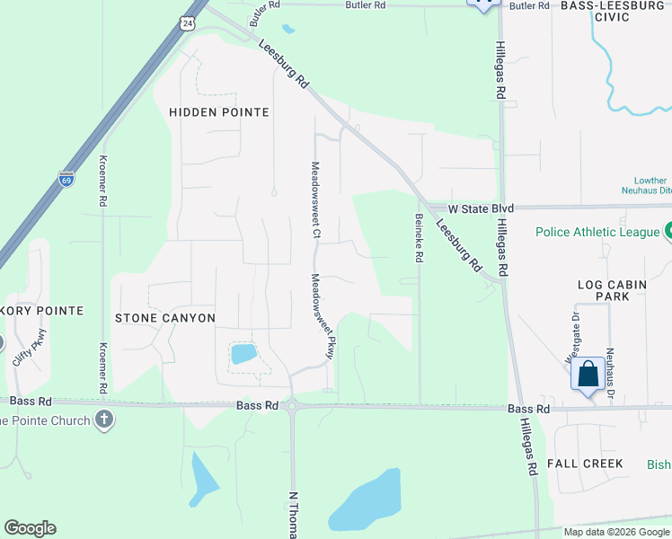 map of restaurants, bars, coffee shops, grocery stores, and more near 2200-2308 Meadowsweet Court in Fort Wayne